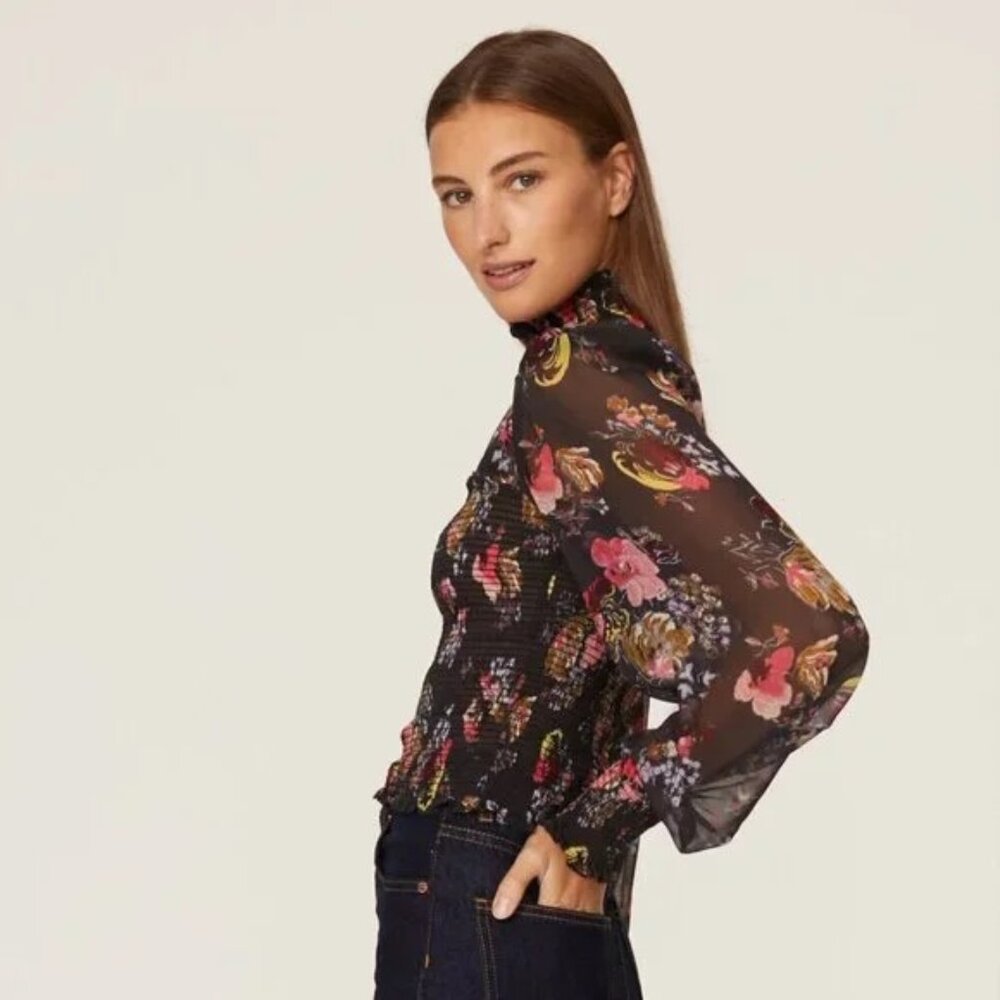 Cinq A Sept Women's Esmaralda 100% Silk Chiffon Black Floral Mock Neck Top Sz S - Picture 3 of 13